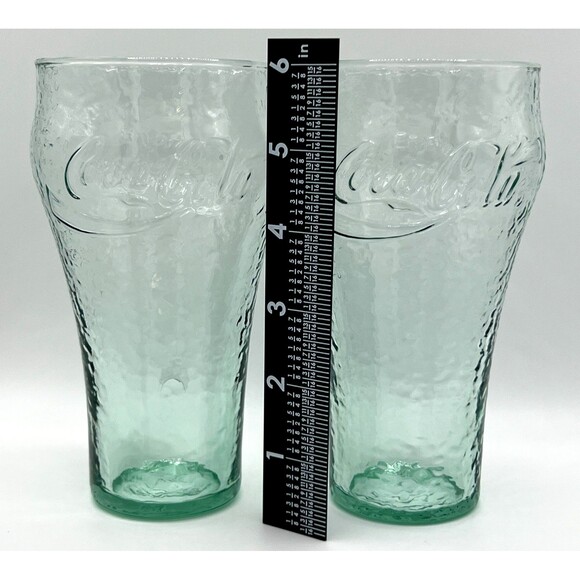 Vintage Set of 2 Coca-Cola Glass Pebbled Dimpled Textured Green 6” Tall See Pics - Picture 6 of 7